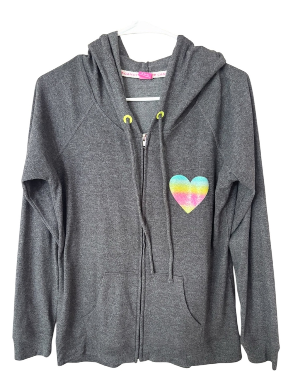 NWOT Hard Candy Gray Multi Zip-Up Hoodie Rainbow Heart SZ XL 15-17 Juniors